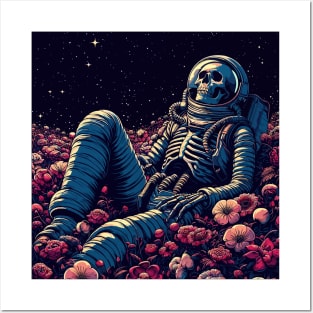 Skeleton astronaut chill in space floral garden Posters and Art